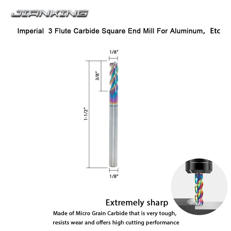 JIANXING Carbide Square End Mill for Aluminum, Copper Alloy, Plastic, 1/8" End Mill Bits, 3 Flute HRC 55 Deg DLC Coating, CNC Router Bits (4 Pieces) - Image 2